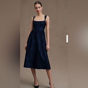 BHLDN POPPY SQUARE-NECK SATIN JACQUARD A-LINE MIDI DRESS US 4